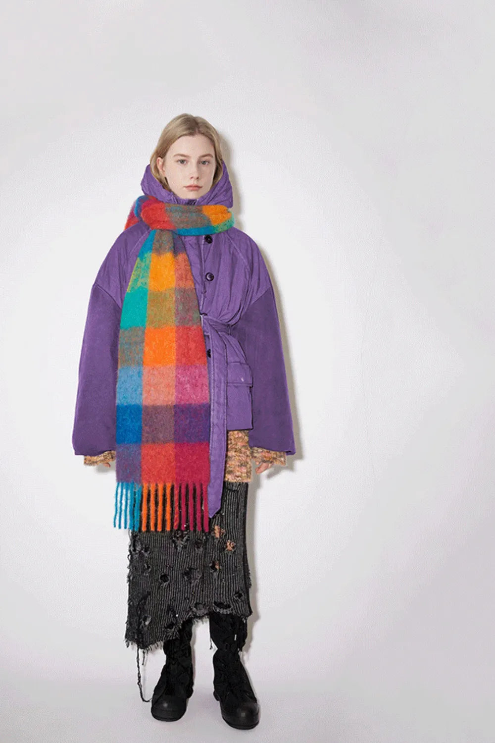 Thermal Plaid Scarf with Fringe – Cozy Contrast Design | same ANTHEM. - Blue/Orange grid / One Size