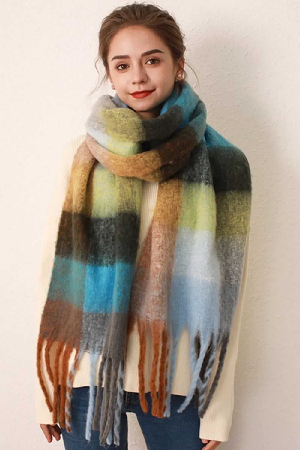 Thermal Plaid Scarf with Fringe – Cozy Contrast Design | same ANTHEM. - Gray/Blue grid / One Size