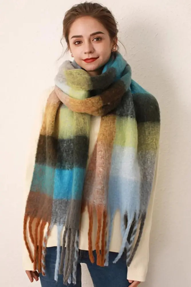 Thermal Plaid Scarf with Fringe – Cozy Contrast Design | same ANTHEM. - Gray/Blue grid / One Size