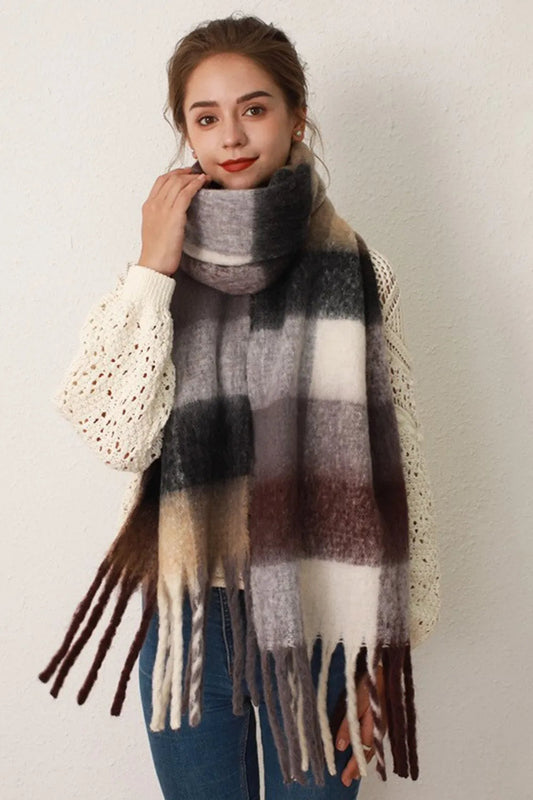 Thermal Plaid Scarf with Fringe – Cozy Contrast Design | same ANTHEM. - Gray/Brown grid / One Size