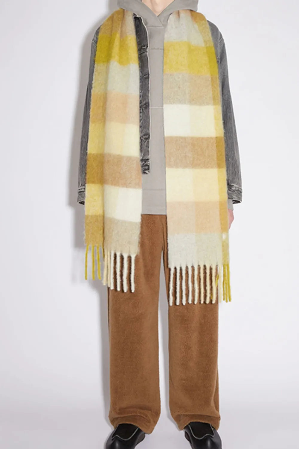Thermal Plaid Scarf with Fringe – Cozy Contrast Design | same ANTHEM. - Yellow / One Size