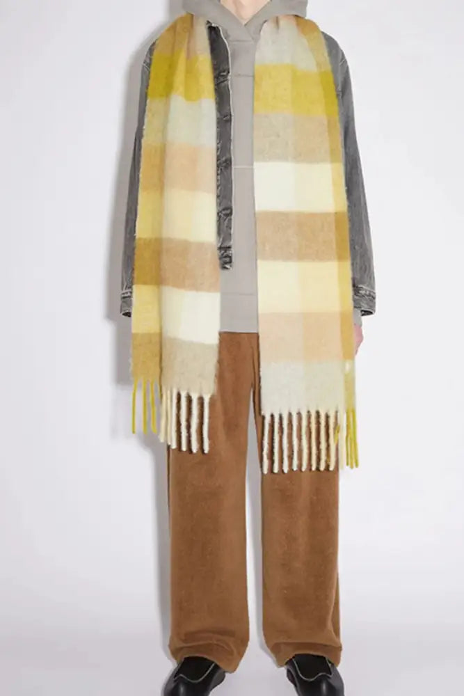 Thermal Plaid Scarf with Fringe – Cozy Contrast Design | same ANTHEM. - Yellow / One Size