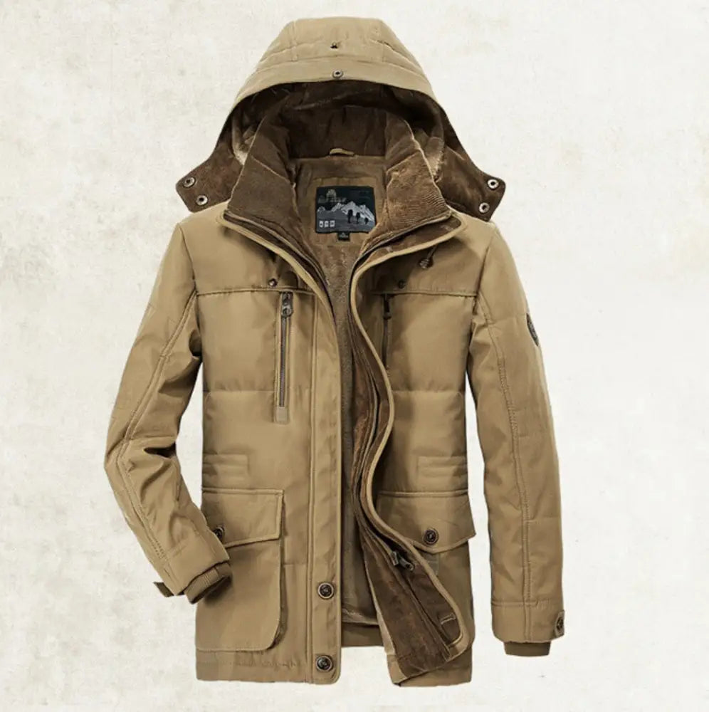 Thickened Multi-pocket Hooded Men’s Cotton Coat | same ANTHEM. Men’s Coats - Khaki / S