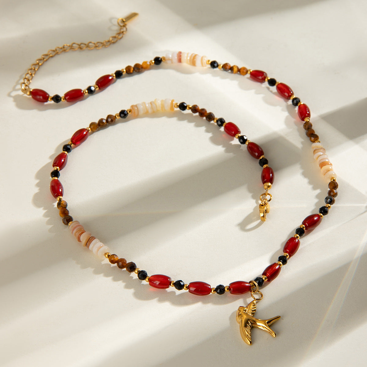 Tiger Eye Beads Necklace with Stainless Steel & Pearl Pendant | Boho Chic Soulmate Jewellery | same ANTHEM - Red