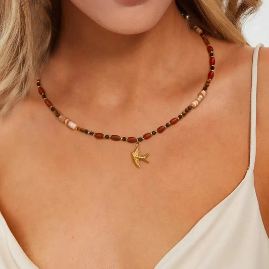 Tiger Eye Beads Necklace with Stainless Steel & Pearl Pendant | Boho Chic Soulmate Jewellery | same ANTHEM - Red
