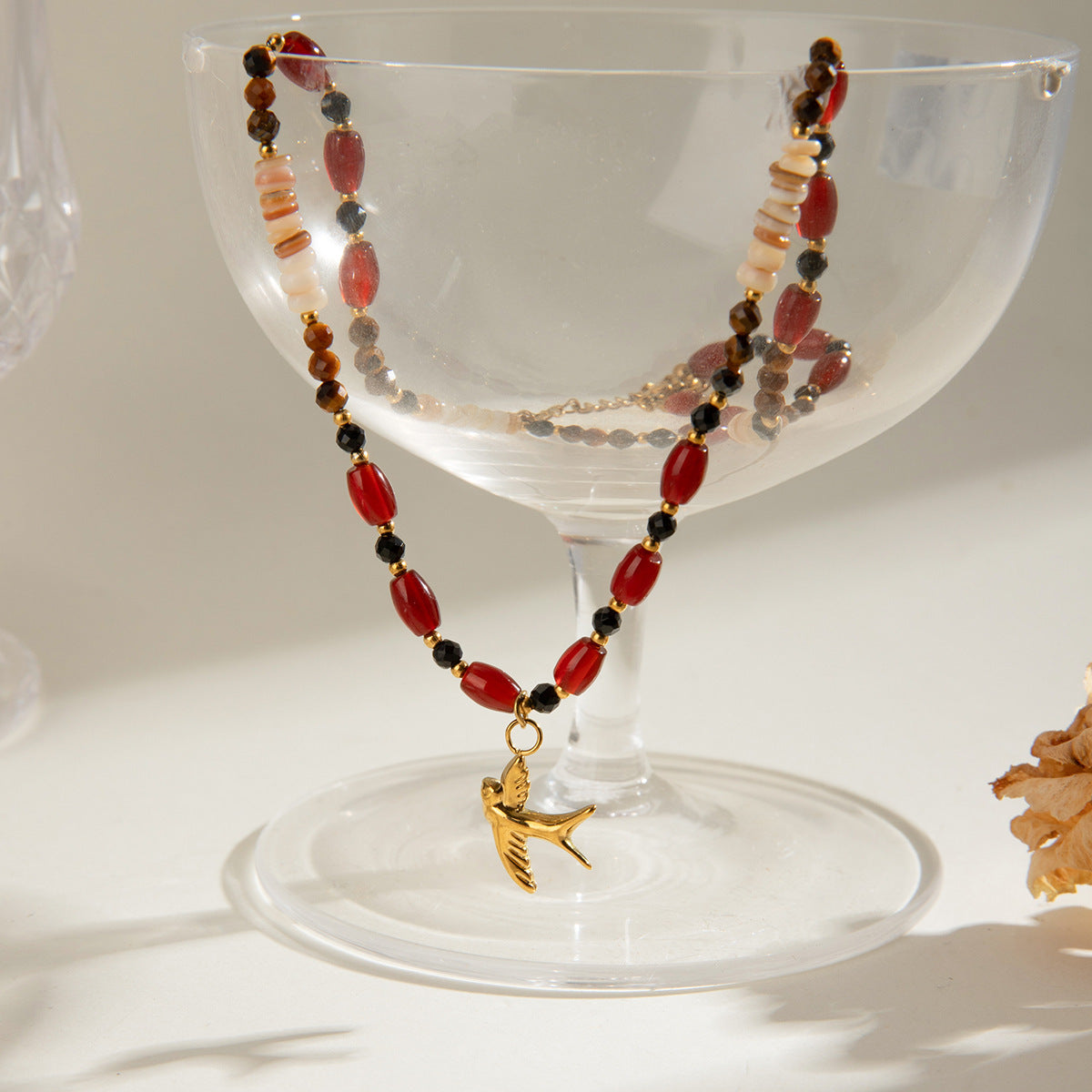 Tiger Eye Beads Necklace with Stainless Steel & Pearl Pendant | Boho Chic Soulmate Jewellery | same ANTHEM - Red
