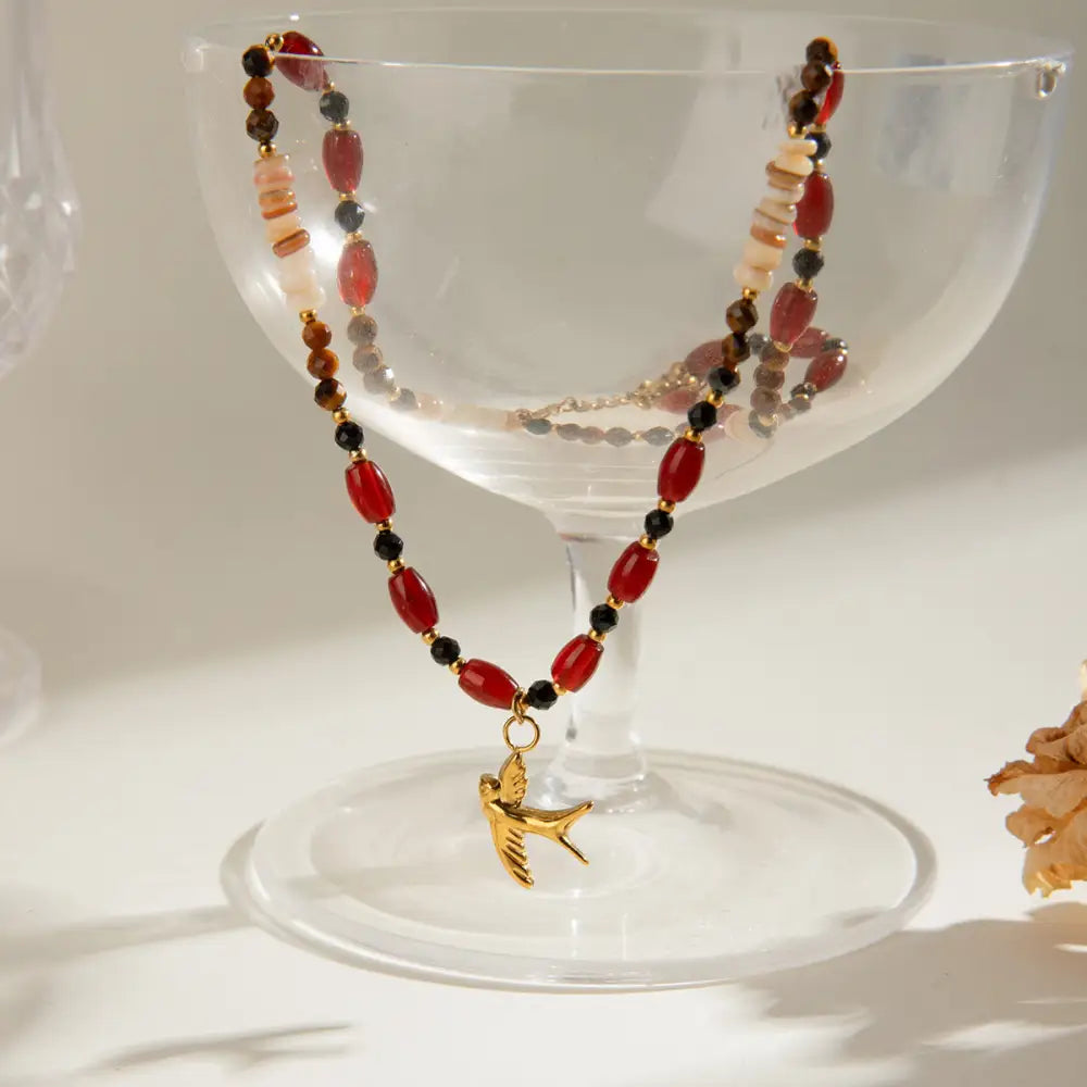 Tiger Eye Beads Necklace with Stainless Steel & Pearl Pendant | Boho Chic Soulmate Jewellery | same ANTHEM - Red
