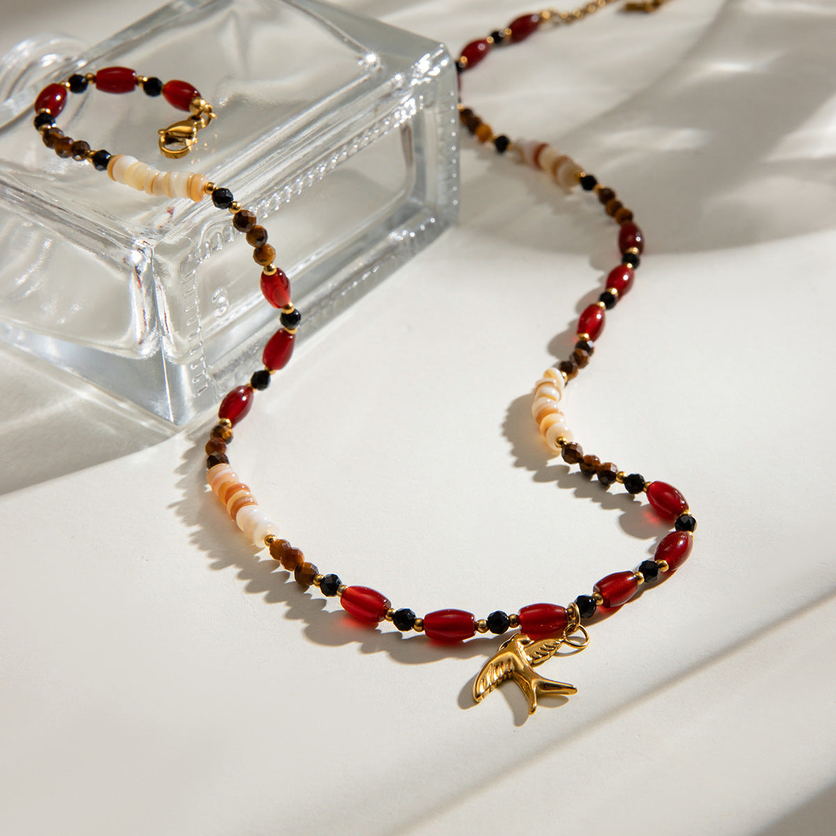 Tiger Eye Beads Necklace with Stainless Steel & Pearl Pendant | Boho Chic Soulmate Jewellery | same ANTHEM - Red