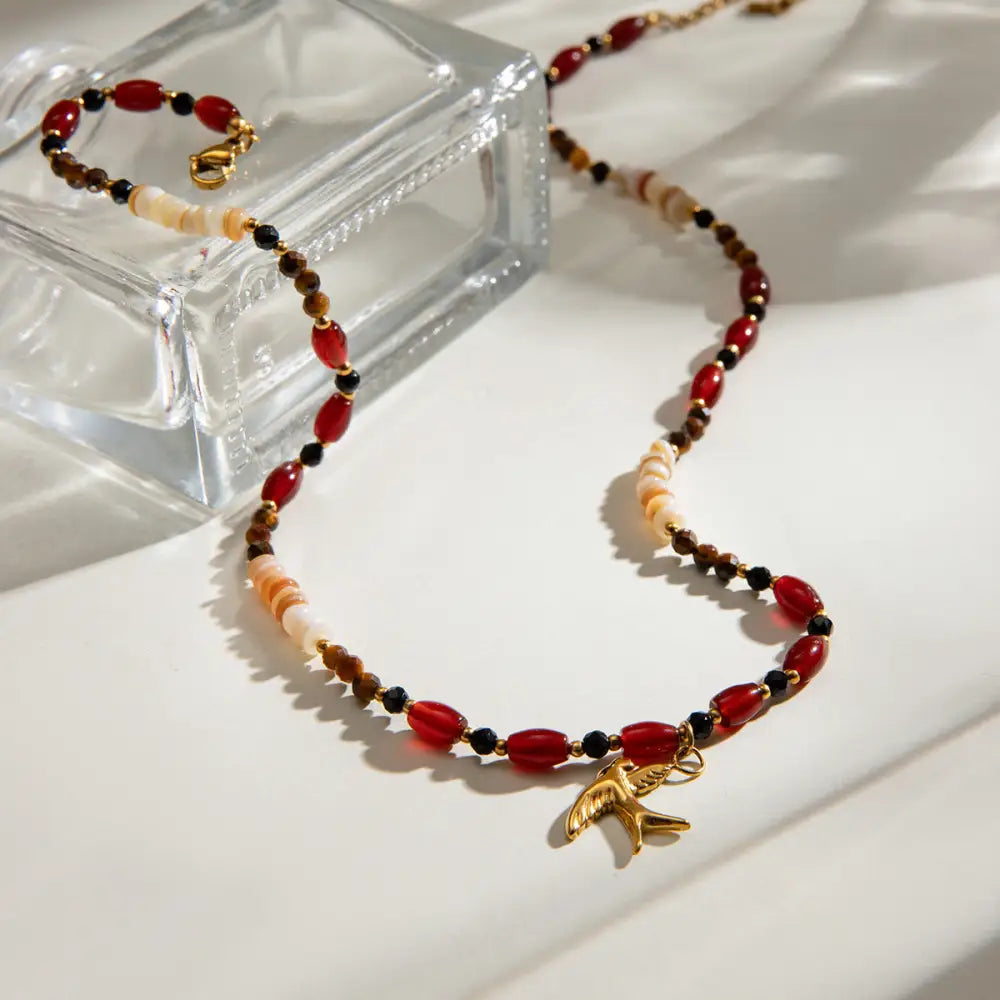 Tiger Eye Beads Necklace with Stainless Steel & Pearl Pendant | Boho Chic Soulmate Jewellery | same ANTHEM - Red