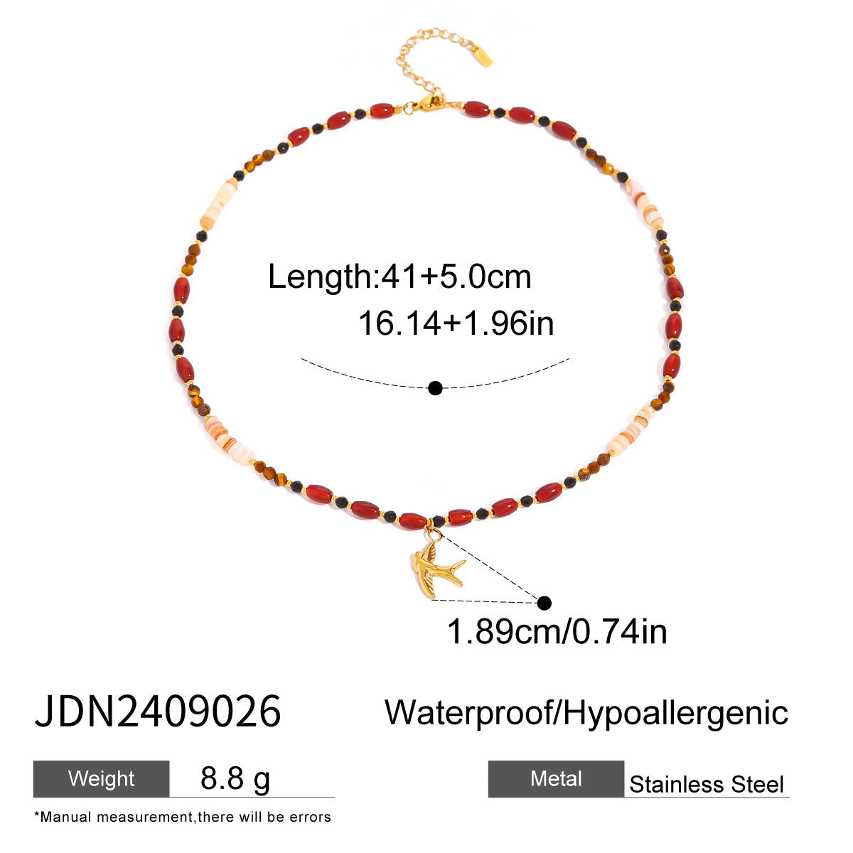 Tiger Eye Beads Necklace with Stainless Steel & Pearl Pendant | Boho Chic Soulmate Jewellery | same ANTHEM - Red