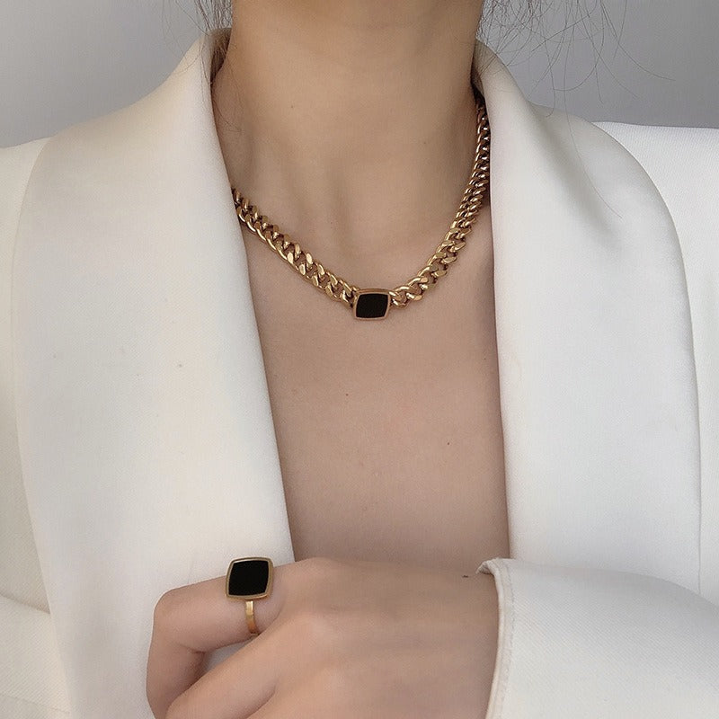 Titanium Steel Thick Chain Necklace – Black Square Collarbone Chain | same ANTHEM