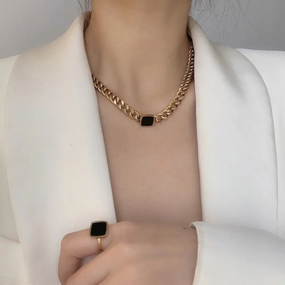 Titanium Steel Thick Chain Necklace – Black Square Collarbone Chain | same ANTHEM