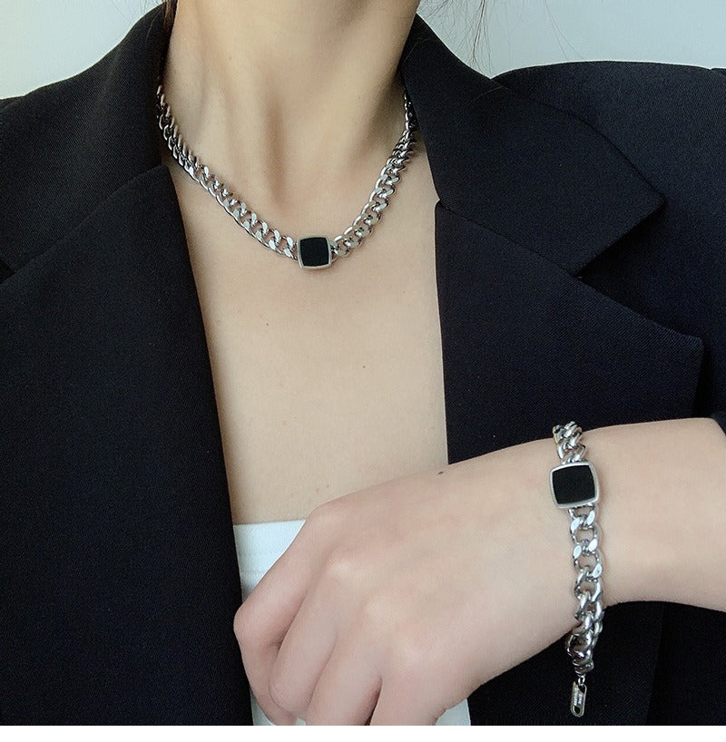 Titanium Steel Thick Chain Necklace – Black Square Collarbone Chain | same ANTHEM