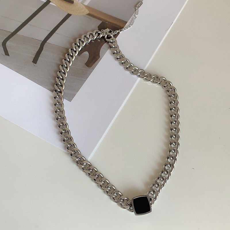 Titanium Steel Thick Chain Necklace – Black Square Collarbone Chain | same ANTHEM - Silver Necklace