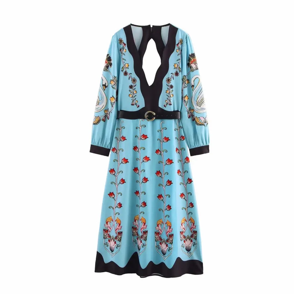 V-neck Backless Belted A-Line Midi Dress | Romantic Dreamy Dress for Lovers & Soulmates | Same Anthem - Blue / L - Dress