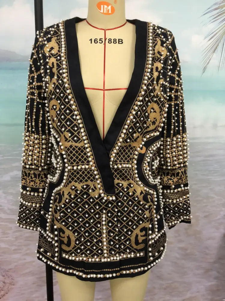 V-neck Long-sleeved Suit Blouse With Bubble Print Women’s Clothing
