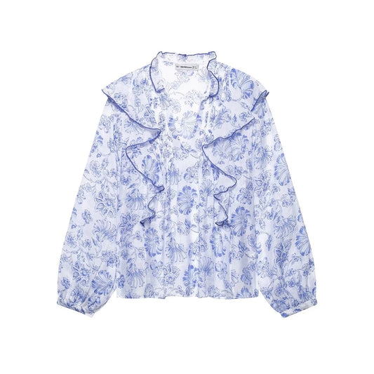 V-Neck Pleated Printed Shirt – Soulmate Streetwear | same ANTHEM - blue / XS