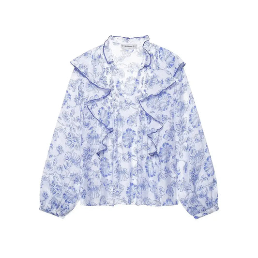 V-Neck Pleated Printed Shirt – Soulmate Streetwear | same ANTHEM - blue / XS