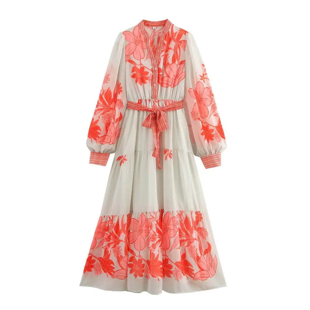 V-Neck Printed A-Line Dress with Waistband | Women’s Casual Chic | same ANTHEM. - Picture Color / XS