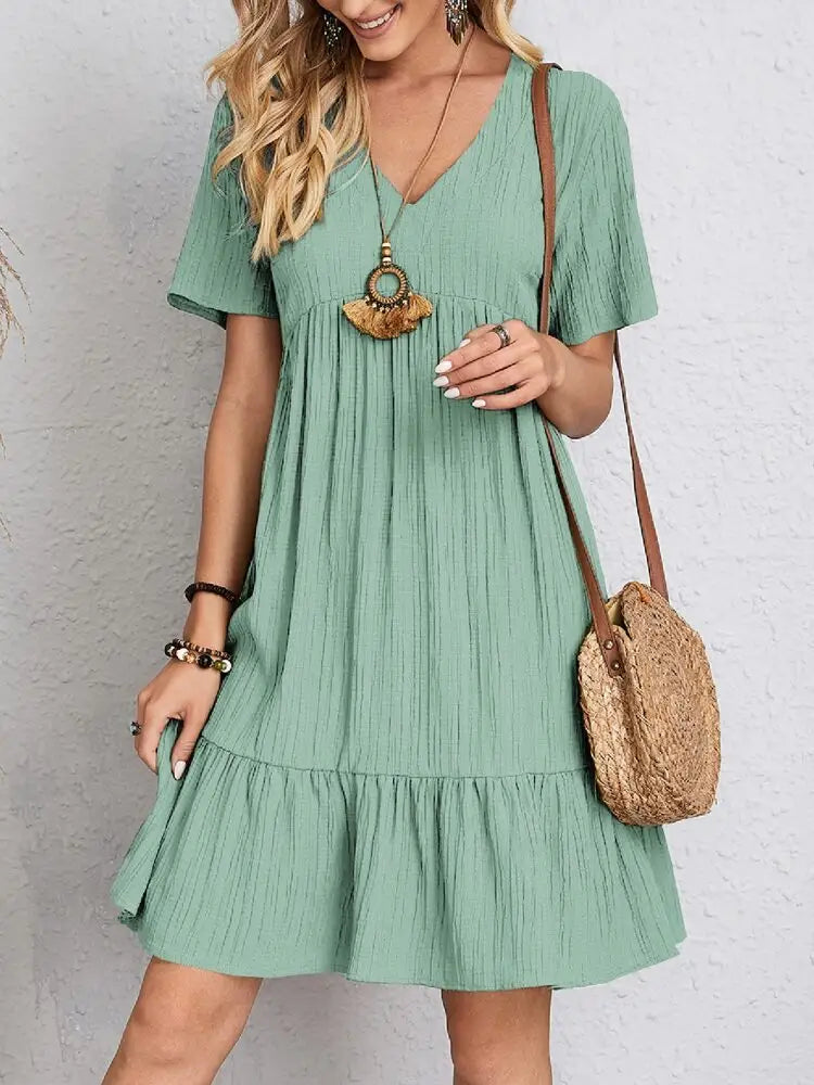 V-neck Short Sleeve Ruffled Dress | Romantic & Boho Summer Dress for Lovers & Soulmates | Same Anthem - Light Green