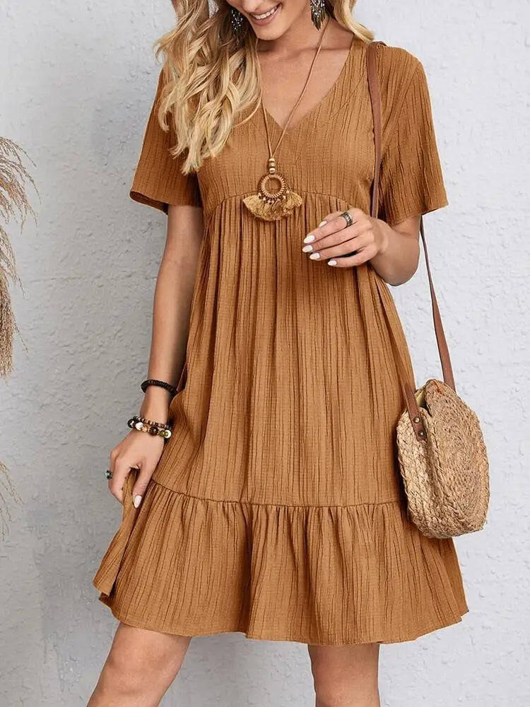 V-neck Short Sleeve Ruffled Dress | Romantic & Boho Summer Dress for Lovers & Soulmates | Same Anthem - Brown / 2XL