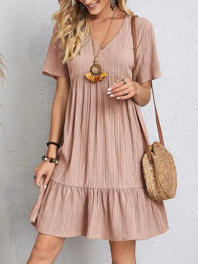 V-neck Short Sleeve Ruffled Dress | Romantic & Boho Summer Dress for Lovers & Soulmates | Same Anthem - Pink / 2XL