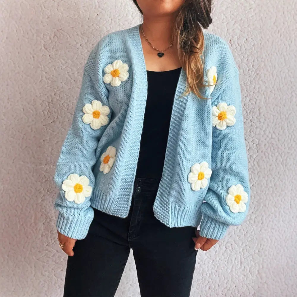 V-Neck Spliced Flower Cardigan Women | Autumn/Winter Knitted Sweater | same ANTHEM. - Blue / S