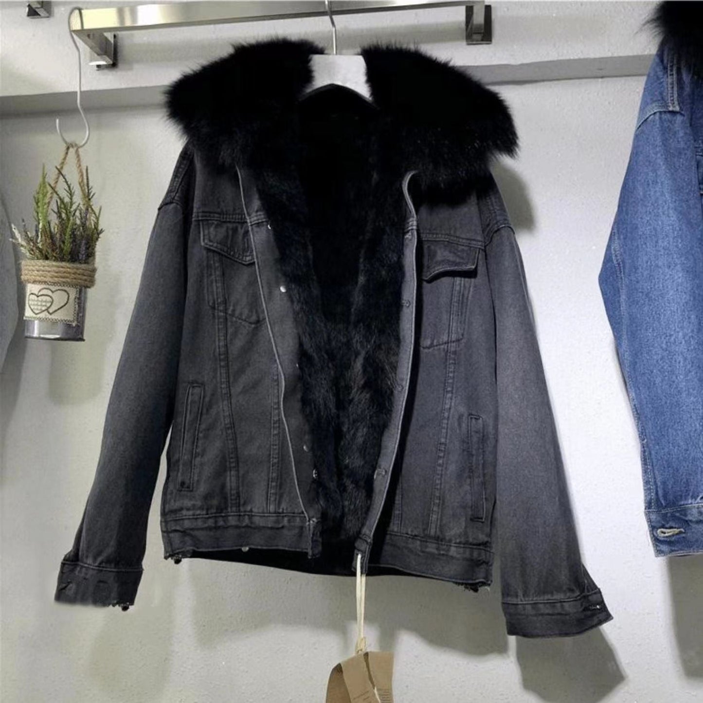 Velvet Cotton Fur Collar Denim Coat | same ANTHEM. Soulmate Streetwear - Black / S