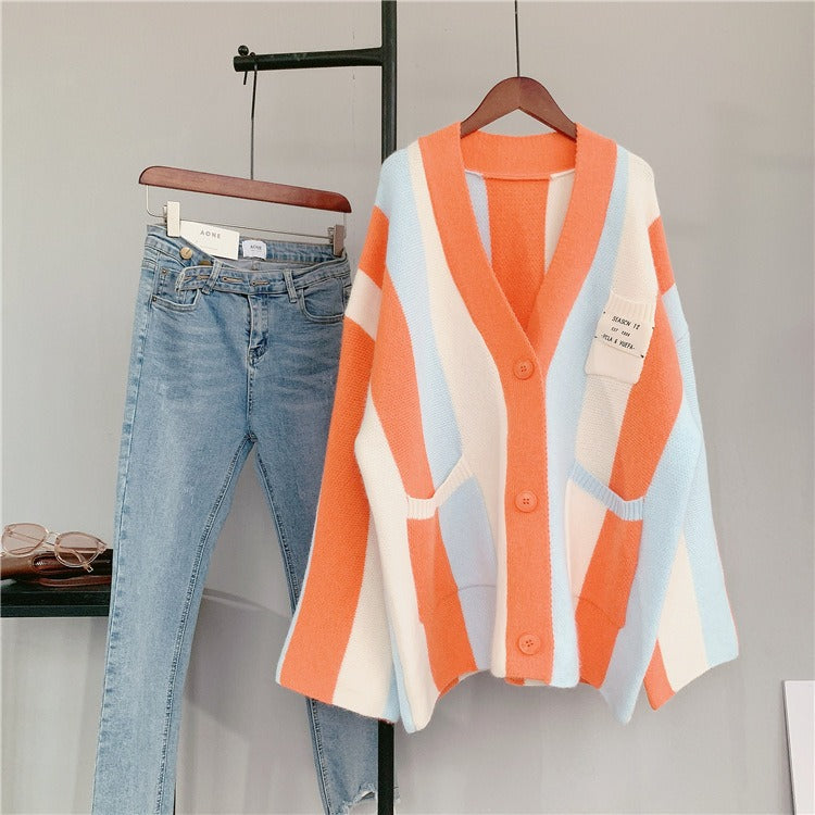 Vertical Stripe Sweater Coat – Soulmate Streetwear for Women same ANTHEM. - Orange / One Size
