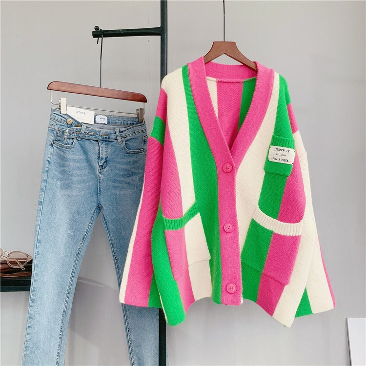 Vertical Stripe Sweater Coat – Soulmate Streetwear for Women same ANTHEM. - Rose Red / One Size
