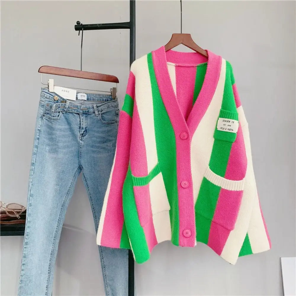 Vertical Stripe Sweater Coat – Soulmate Streetwear for Women same ANTHEM. - Rose Red / One Size