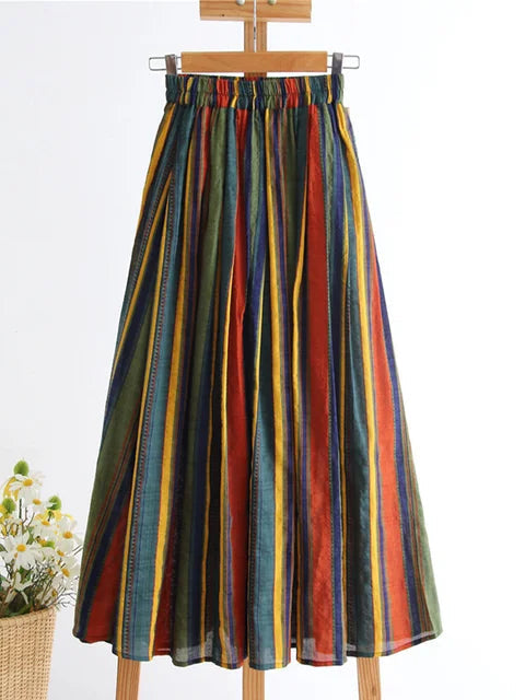 Vertical Striped Chiffon Midi Skirt – French A-line Swing | same ANTHEM - green / S