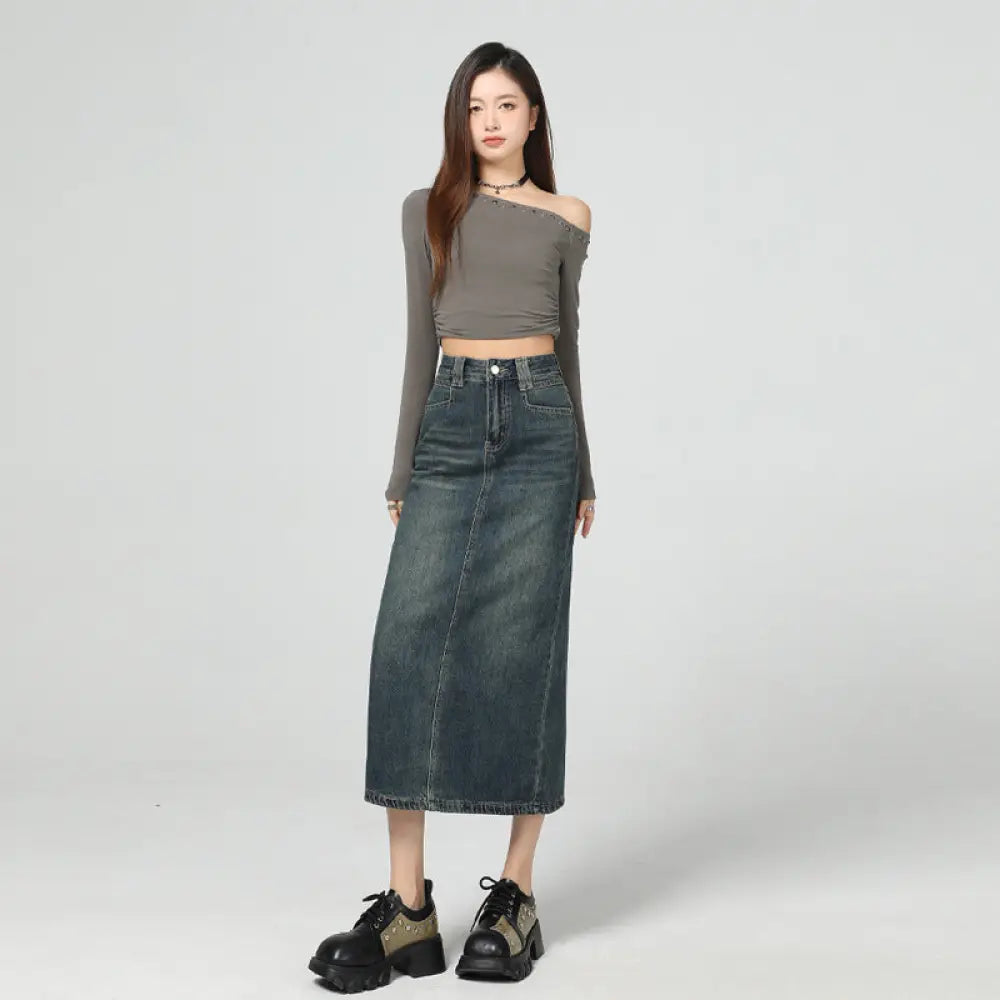 Vintage Blue Denim Skirt Women | Slimming Slit Straight Skirt | same ANTHEM.