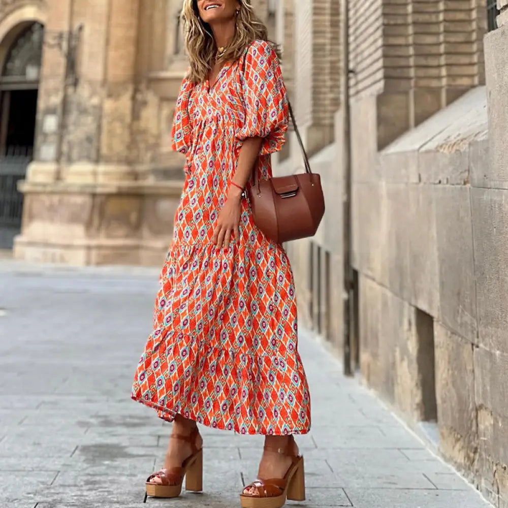 Vintage Bohemian V-neck Long Dress | Elegant & Romantic Summer Dress for Lovers | Same Anthem - Red Geometry / 2XL
