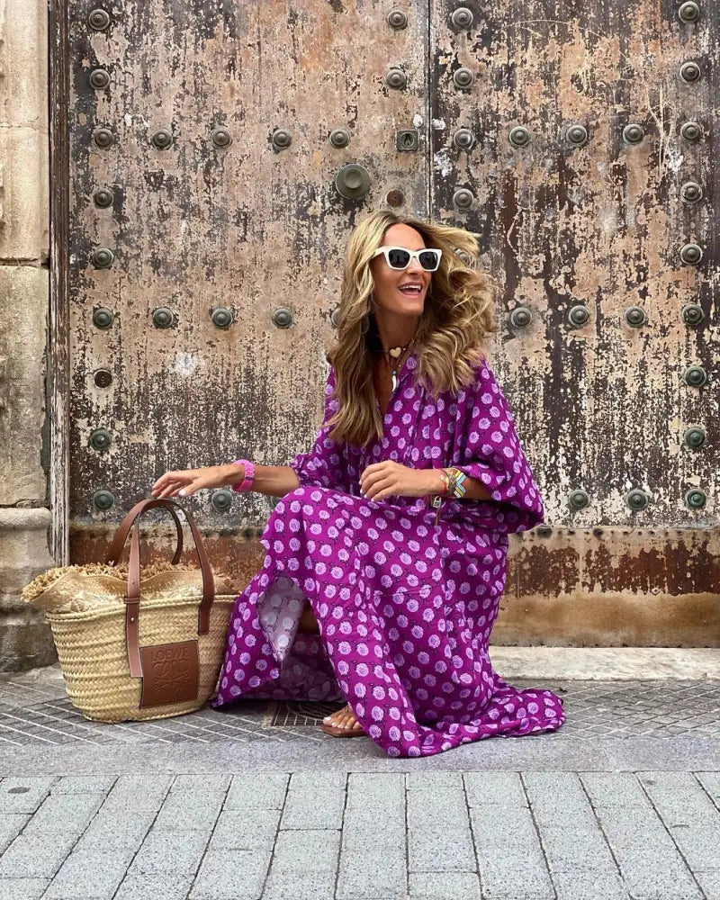 Vintage Bohemian V-neck Long Dress | Elegant & Romantic Summer Dress for Lovers | Same Anthem - Purple / 2XL