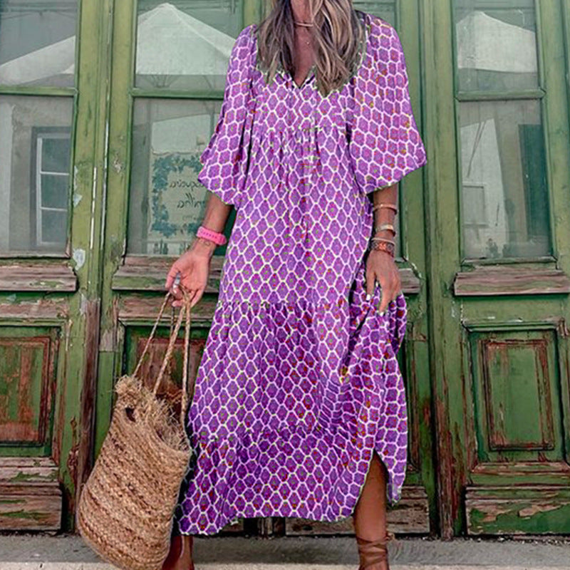 Vintage Bohemian V-neck Long Dress | Elegant & Romantic Summer Dress for Lovers | Same Anthem - Purple / 4XL