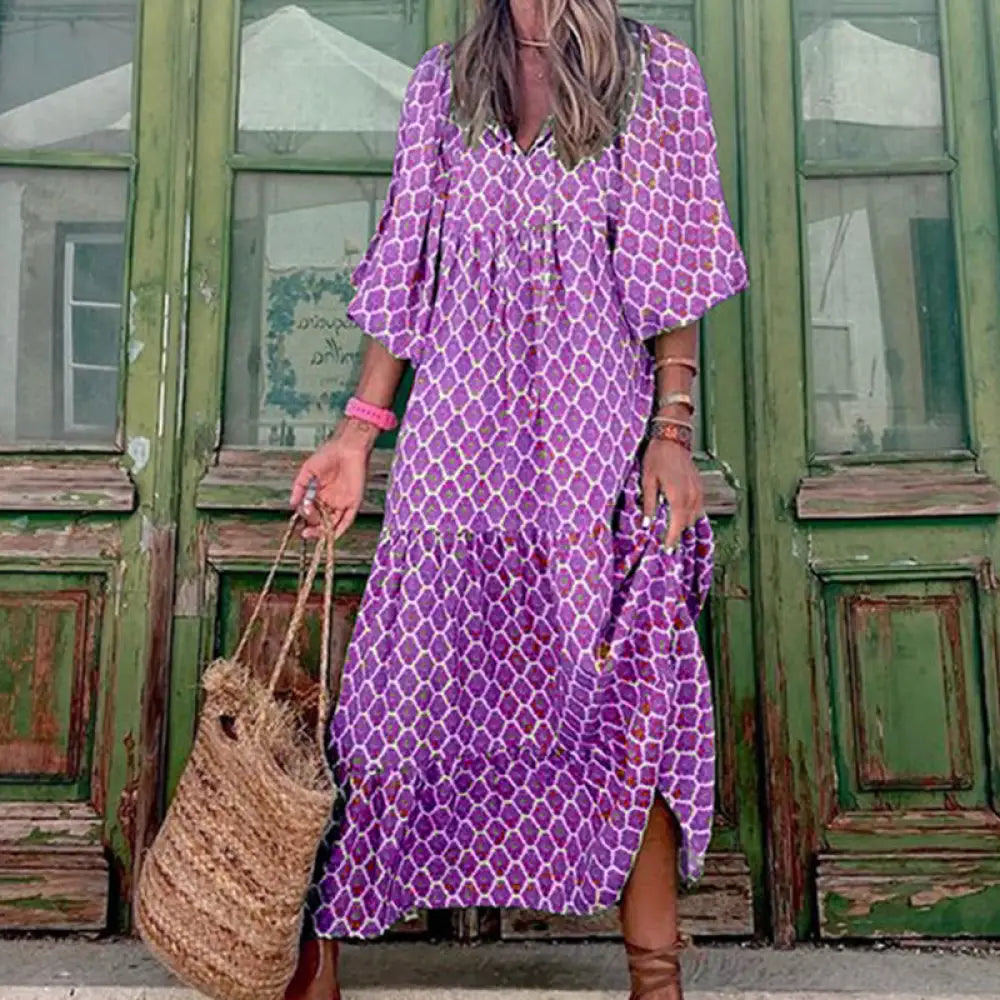 Vintage Bohemian V-neck Long Dress | Elegant & Romantic Summer Dress for Lovers | Same Anthem - Purple / 4XL