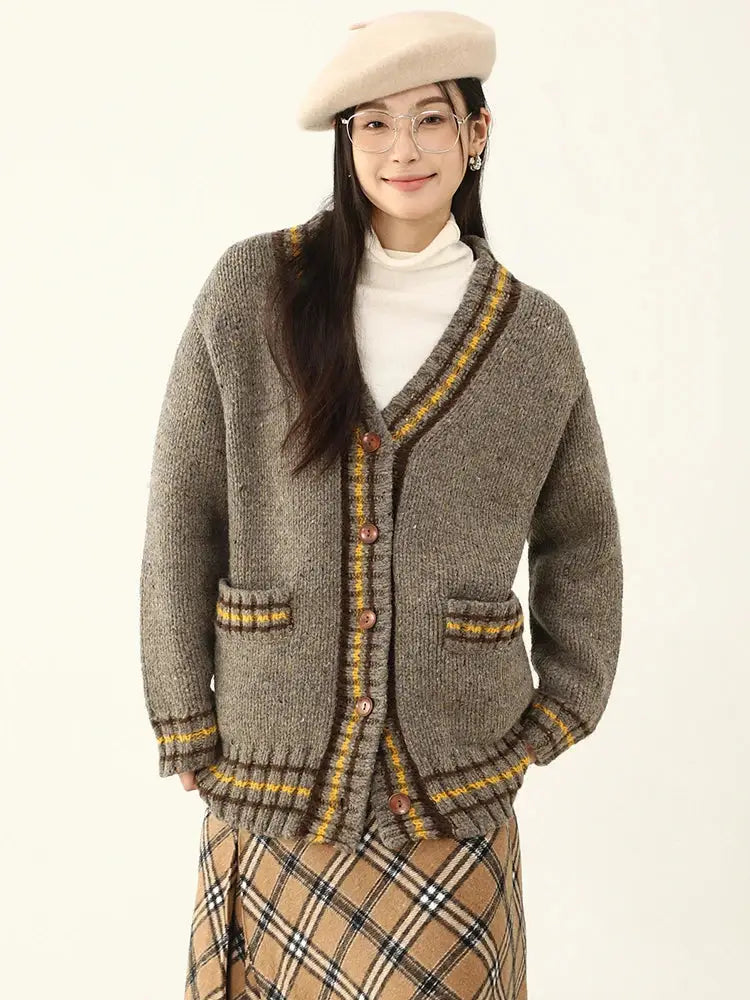 Vintage Chic Contrast Knit Cardigan – same ANTHEM | Dreamy Soulmate Style - Dark Grey / One Size