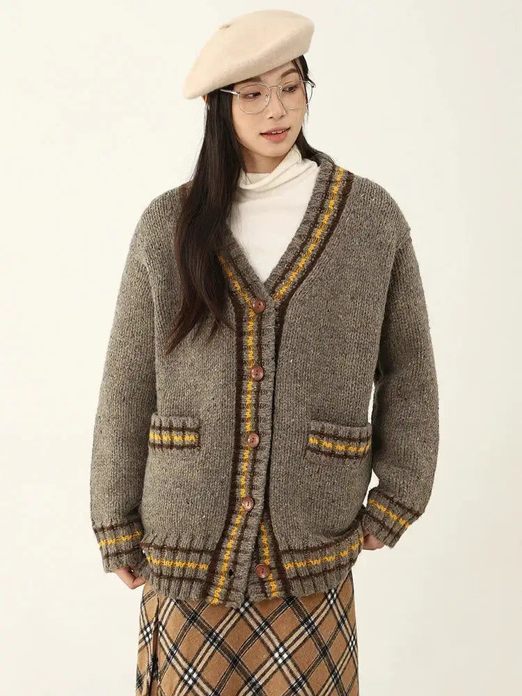 Vintage Chic Contrast Knit Cardigan – same ANTHEM | Dreamy Soulmate Style - Dark Grey / One Size