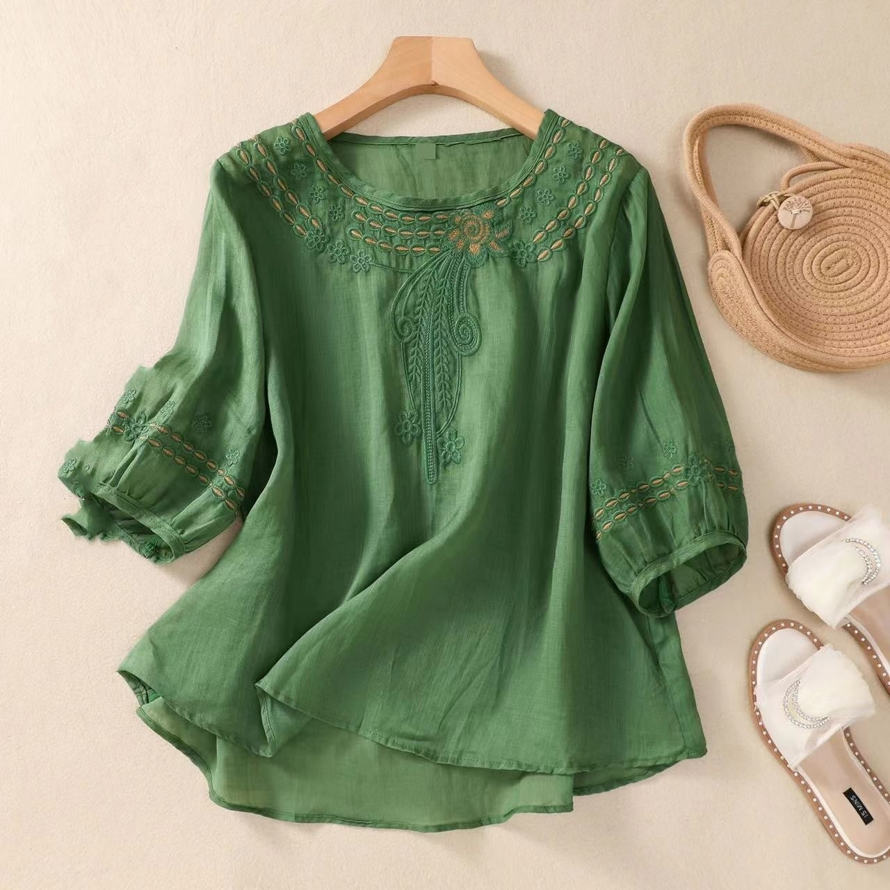 Vintage Cotton Linen Shirt – Boho Romantic Summer Style | same ANTHEM - Green / 3XL - Bag