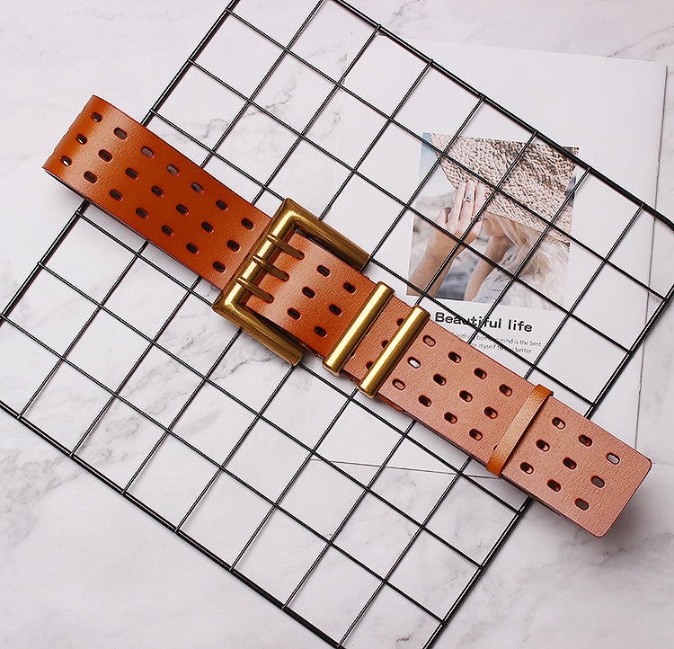 Vintage Leather Belt – Wide Waistband with Metal Buckle | same ANTHEM.