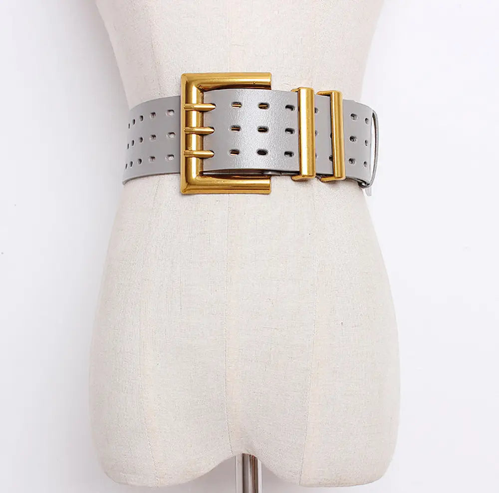 Vintage Leather Belt – Wide Waistband with Metal Buckle | same ANTHEM. - BlackA