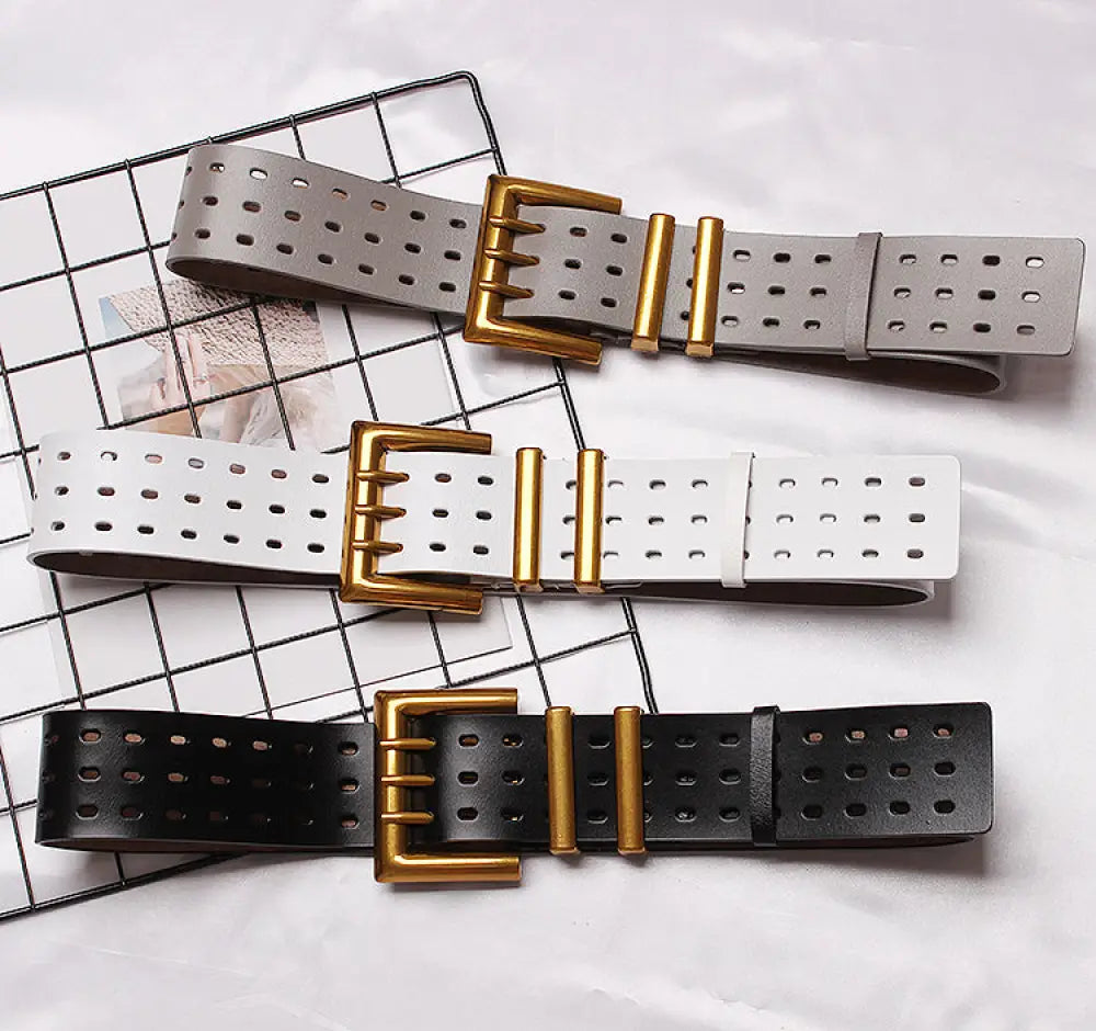 Vintage Leather Belt – Wide Waistband with Metal Buckle | same ANTHEM. - BlackA
