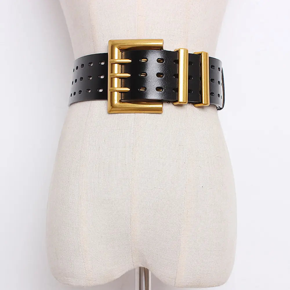 Vintage Leather Belt – Wide Waistband with Metal Buckle | same ANTHEM. - BlackA