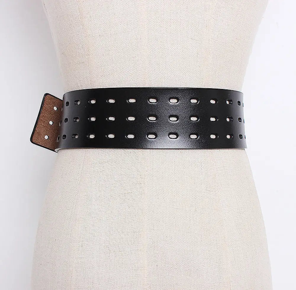 Vintage Leather Belt – Wide Waistband with Metal Buckle | same ANTHEM. - BlackA