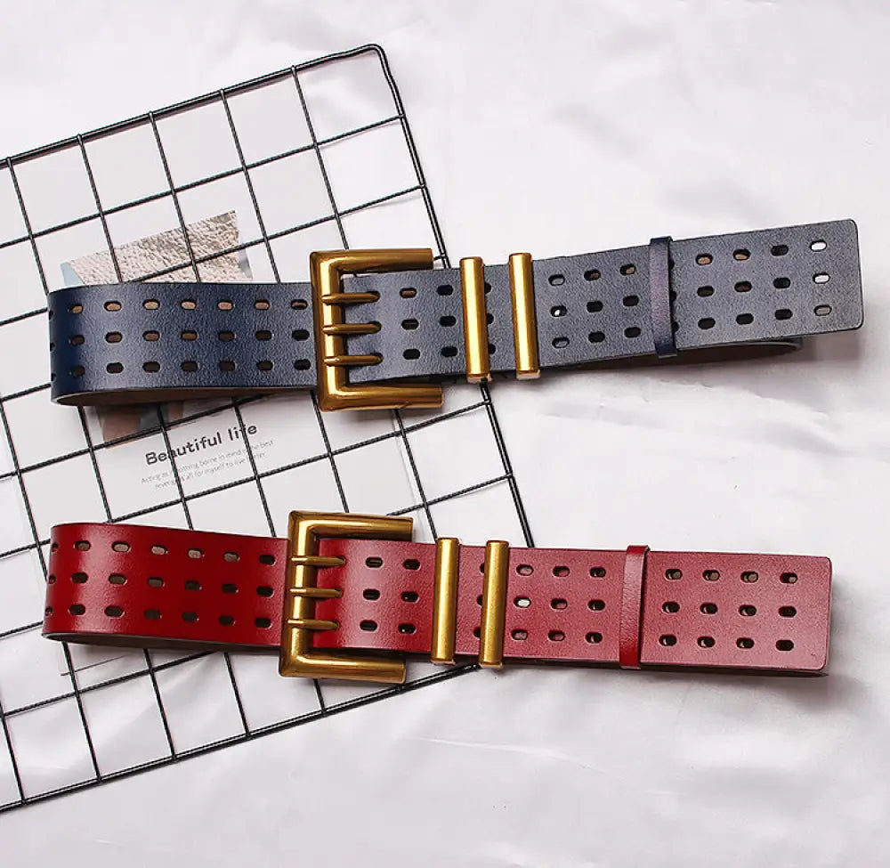 Vintage Leather Belt – Wide Waistband with Metal Buckle | same ANTHEM. - BlackA