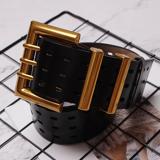 Vintage Leather Belt – Wide Waistband with Metal Buckle | same ANTHEM. - BlackA