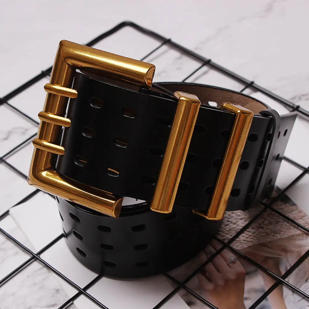 Vintage Leather Belt – Wide Waistband with Metal Buckle | same ANTHEM. - BlackA