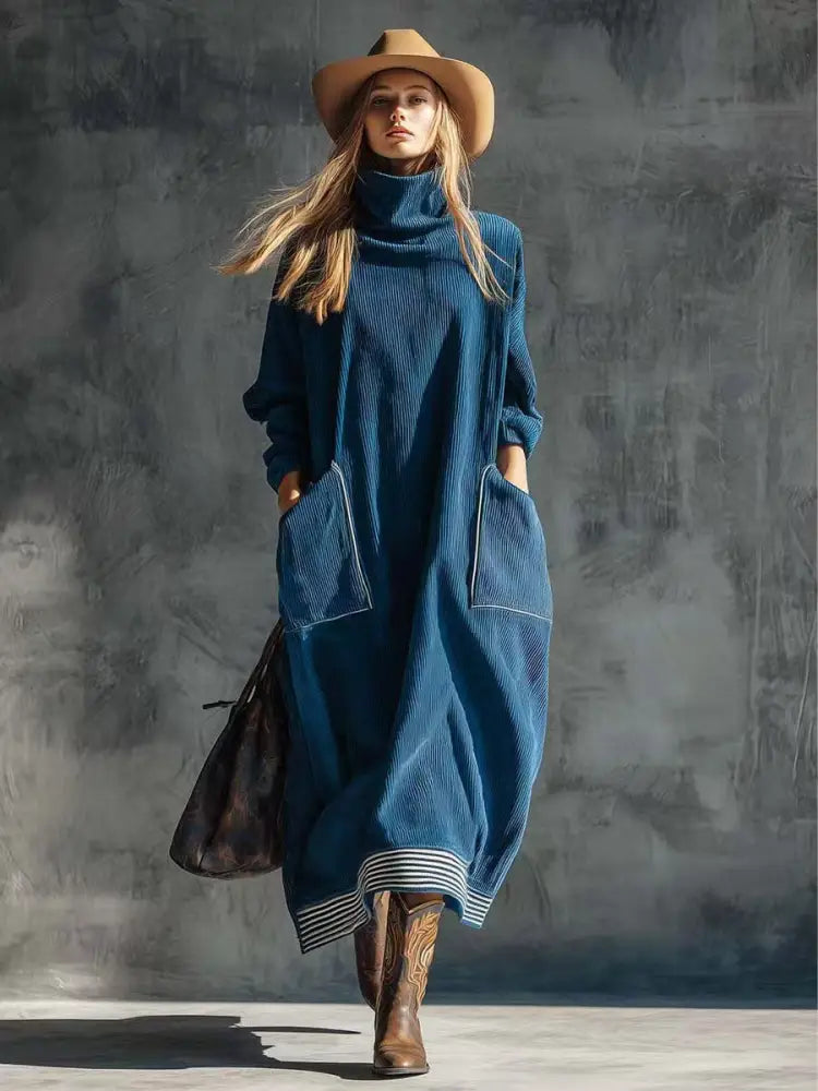 Euro-American High-neck Patchwork Vintage Loose-fit Long-sleeve Dress With Pockets - Dress