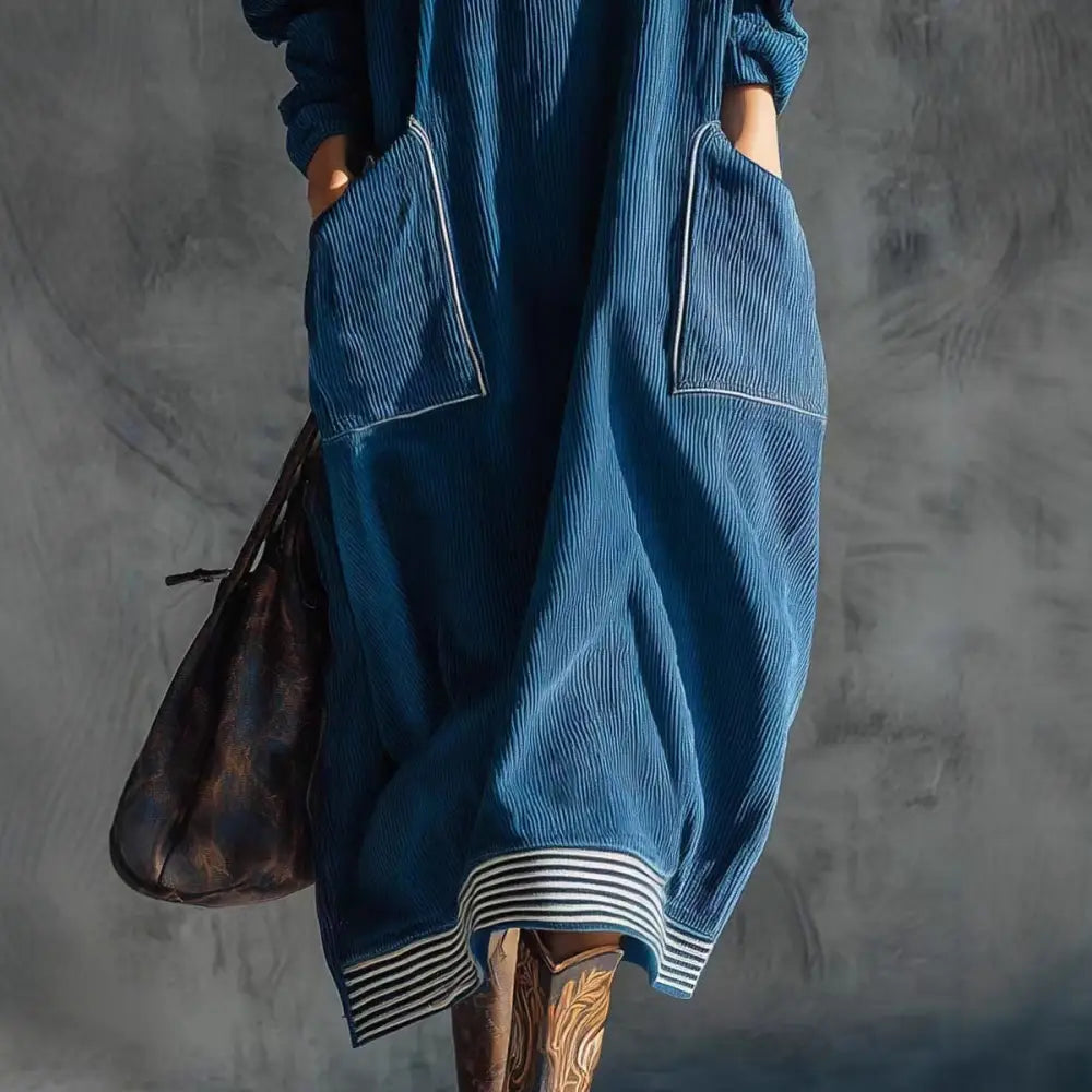 Euro-American High-neck Patchwork Vintage Loose-fit Long-sleeve Dress With Pockets - Dress